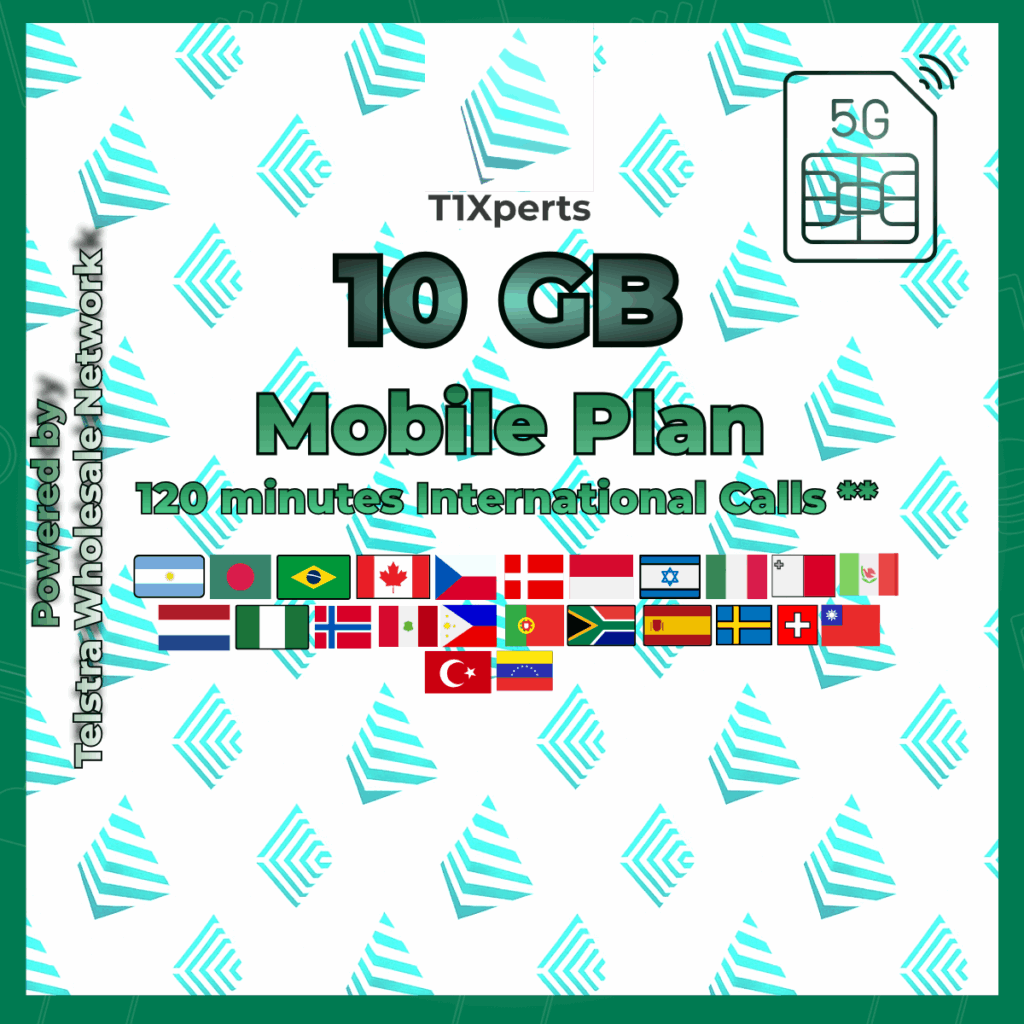 T1Xperts Mobile Plan 10GB No Top Up 120 minutes to Selected Countries** T1Xperts Mobile Plan 10GB – 120 Minutes International Calls & Texts, No Top-Up