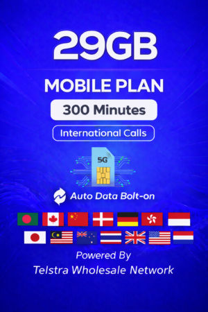 t1xperts 5g mobile plan 29gb auto top up 120 minutes to selected countries**