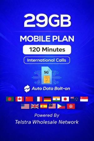 t1xperts 5g mobile plan 29gb auto top up 120 minutes to selected countries**