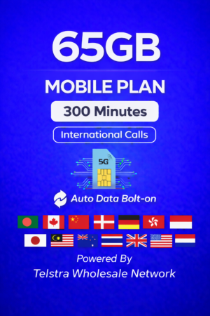 t1xperts 5g mobile plan 65gb auto top up unlimited calls & texts* to selected countries*