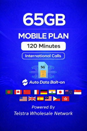 t1xperts 5g mobile plan 65gb auto top up unlimited calls & texts* to selected countries*