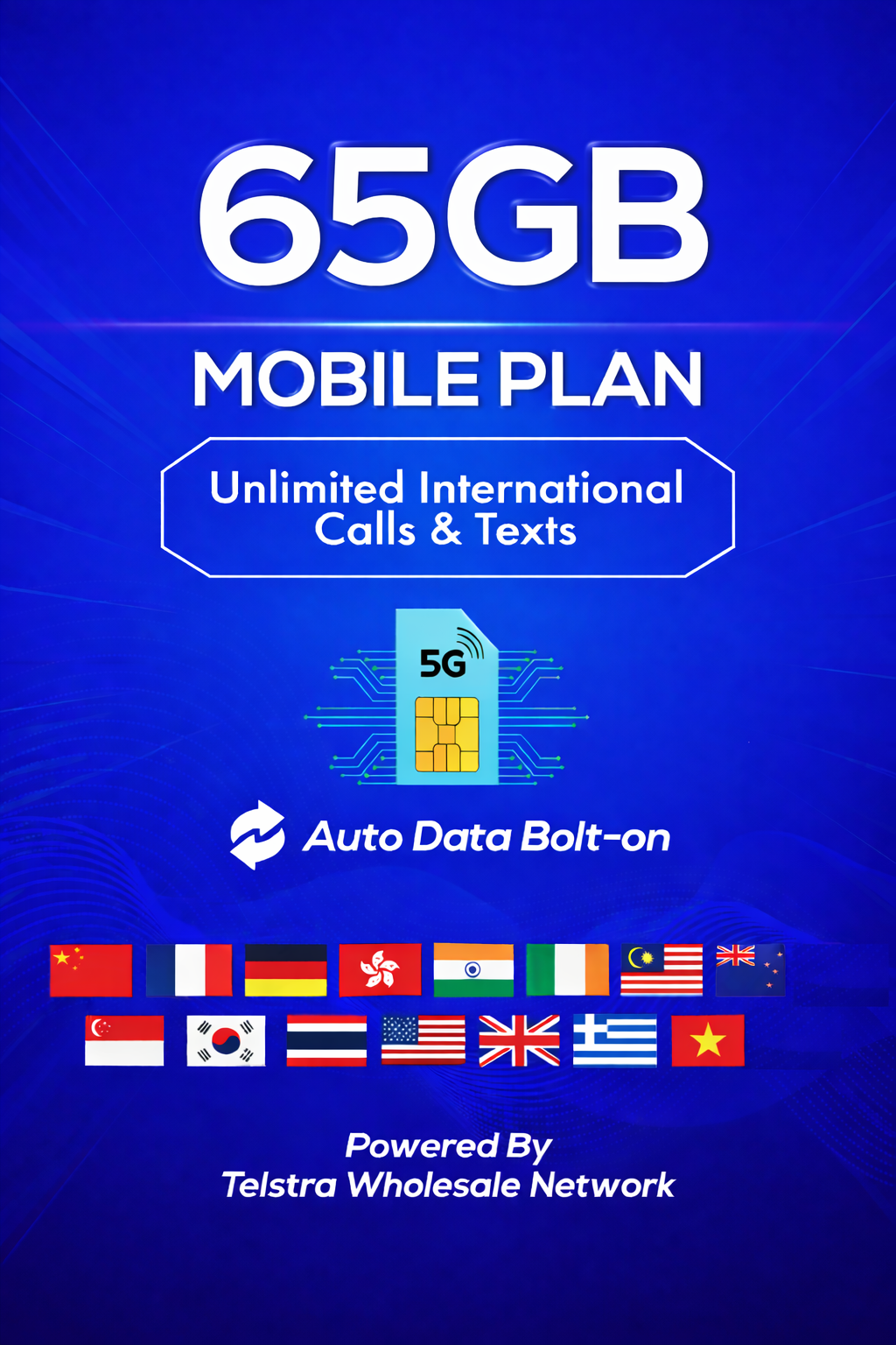 Home t1xperts 5g mobile plan 65gb auto top up unlimited calls & texts* to selected countries*