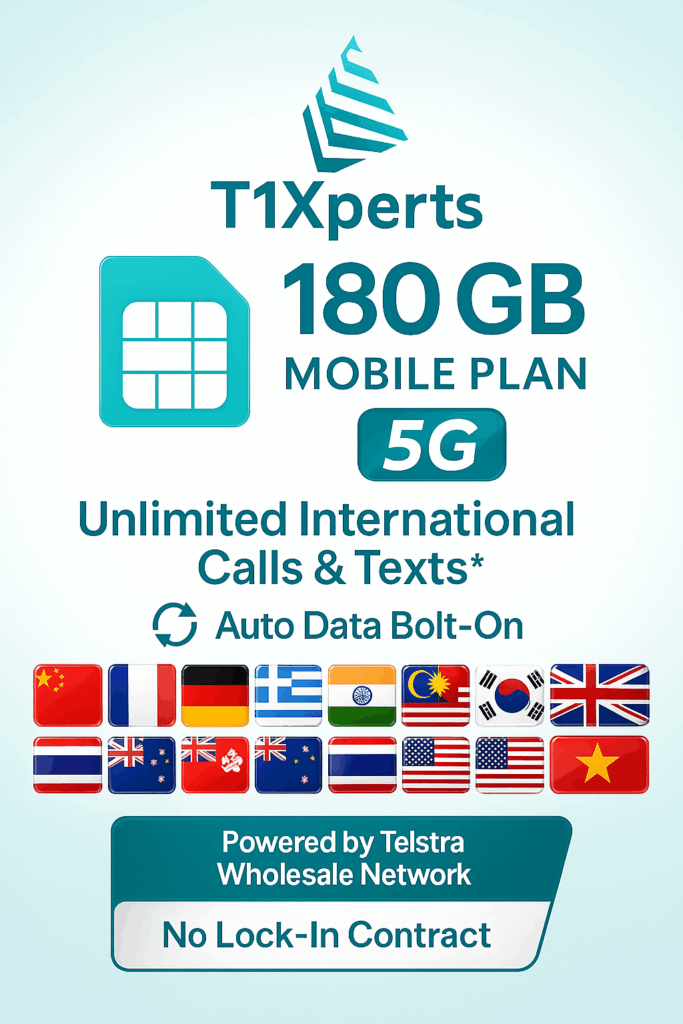 T1Xperts 5G Mobile Plan 180GB Auto Top Up Unlimited Calls & Text to Selected Countries* t1xperts 5g mobile plan – 180 gb 📶 | unlimited* international calls* 📞📱 & texts* 💬✉️ | auto top up 🔁