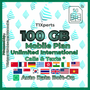 T1Xperts 5G Mobile Plan 100 GB SIM Card – Unlimited Calls & Texts to Selected Countries | Auto Top-Up | Telstra Wholesale Network Australia
