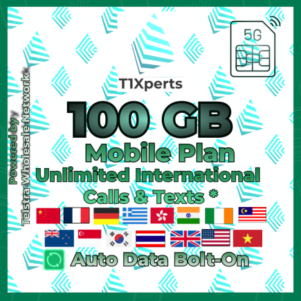 Home T1Xperts 5G Mobile Plan 100 GB SIM Card – Unlimited Calls & Texts to Selected Countries | Auto Top-Up | Telstra Wholesale Network Australia