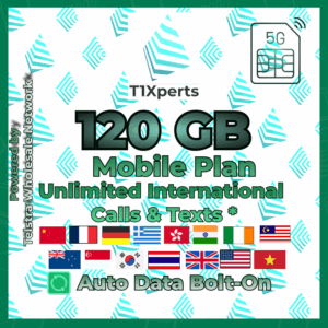 T1Xperts 5G Mobile Plan 120 GB SIM Card – Unlimited Calls & Texts to Selected Countries | Auto Top-Up | Telstra Wholesale Network Australia