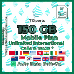 T1Xperts 5G Mobile Plan 150 GB SIM Card – Unlimited Calls & Texts to Selected Countries | Auto Top-Up | Telstra Wholesale Network Australia