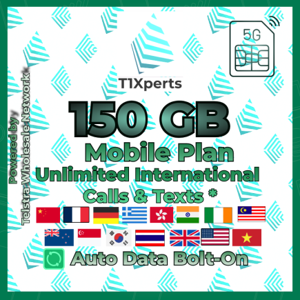Home T1Xperts 5G Mobile Plan 150 GB SIM Card – Unlimited Calls & Texts to Selected Countries | Auto Top-Up | Telstra Wholesale Network Australia