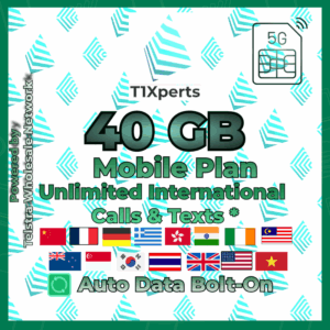 T1Xperts 5G Mobile Plan 40 GB SIM Card – Unlimited Calls & Texts to Selected Countries | Auto Top-Up | Telstra Wholesale Network Australia
