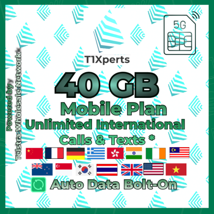 Home T1Xperts 5G Mobile Plan 40 GB SIM Card – Unlimited Calls & Texts to Selected Countries | Auto Top-Up | Telstra Wholesale Network Australia