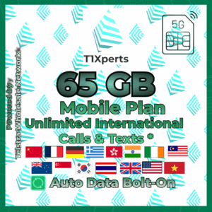 T1Xperts 5G Mobile Plan 65 GB SIM Card – Unlimited Calls & Texts to Selected Countries | Auto Top-Up | Telstra Wholesale Network Australia